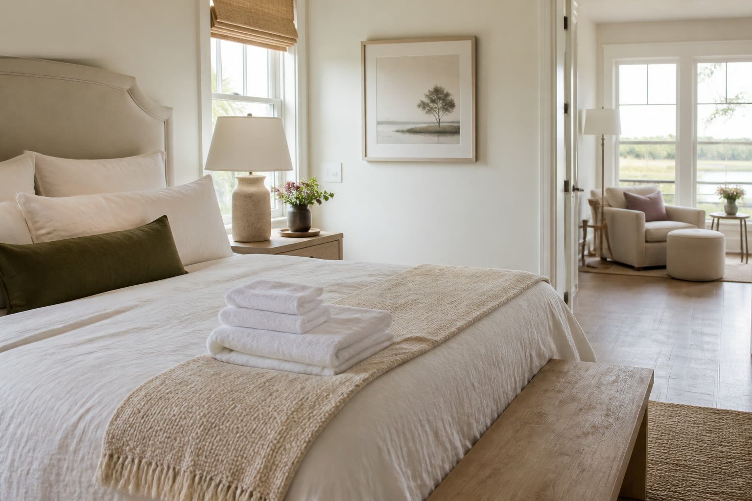 A calm coastal bedroom thoughtfully prepared with fresh linens